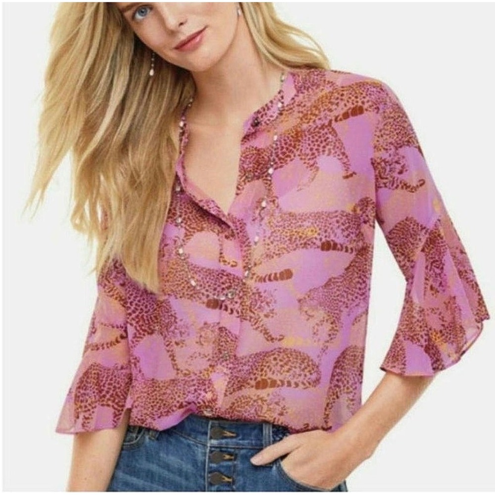 Cabi Cheetah Blouse Women Large Pink Linx Leopard Print Ruffle Sleeve Sheer 5711 - Picture 15 of 15